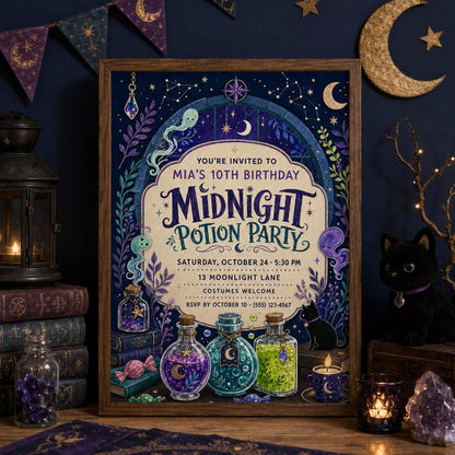 Midnight Potion Party Birthday Invitation, Witchy Halloween Birthday Invite, Magical Potion Party, Editable Canva Template