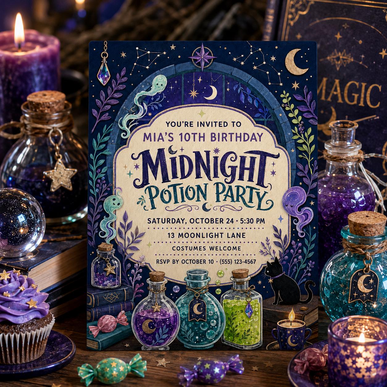 Midnight Potion Party Birthday Invitation, Witchy Halloween Birthday Invite, Magical Potion Party, Editable Canva Template