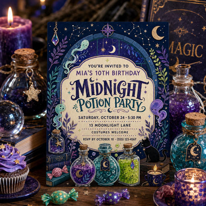 Midnight Potion Party Birthday Invitation, Witchy Halloween Birthday Invite, Magical Potion Party, Editable Canva Template
