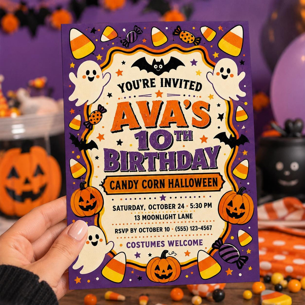 Candy Corn Halloween Birthday Invitation, Cute Ghost Party Invite for Kids, Editable Canva Template, Instant Download