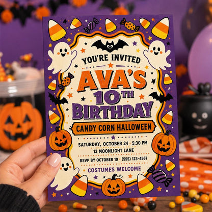 Candy Corn Halloween Birthday Invitation, Cute Ghost Party Invite for Kids, Editable Canva Template, Instant Download