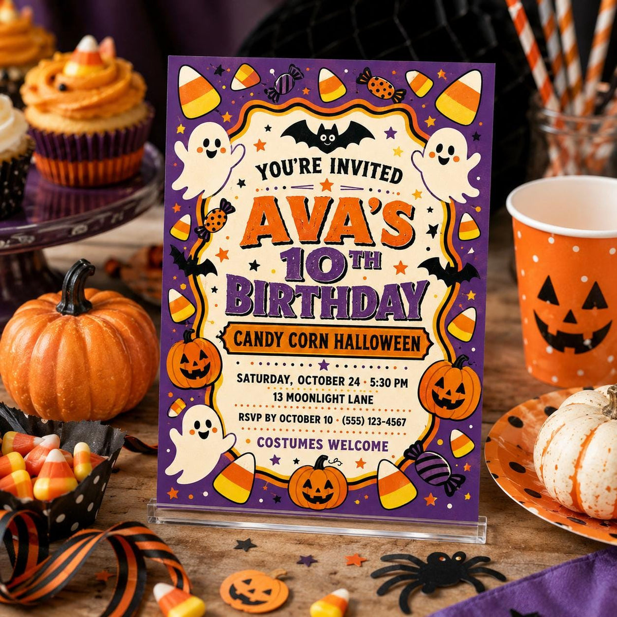 Candy Corn Halloween Birthday Invitation, Cute Ghost Party Invite for Kids, Editable Canva Template, Instant Download