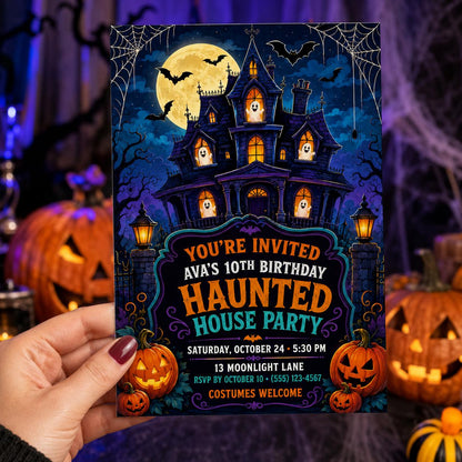 Haunted House Birthday Invitation, Spooky Halloween Party Invite for Kids, Editable Canva Template, Instant Download