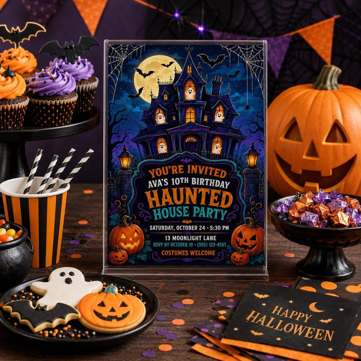 Haunted House Birthday Invitation, Spooky Halloween Party Invite for Kids, Editable Canva Template, Instant Download