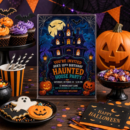 Haunted House Birthday Invitation, Spooky Halloween Party Invite for Kids, Editable Canva Template, Instant Download