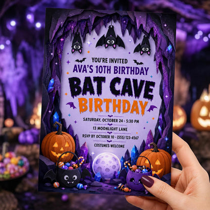 Bat Cave Birthday Invitation, Cute Halloween Bat Party Invite for Kids, Editable Canva Template, Instant Download