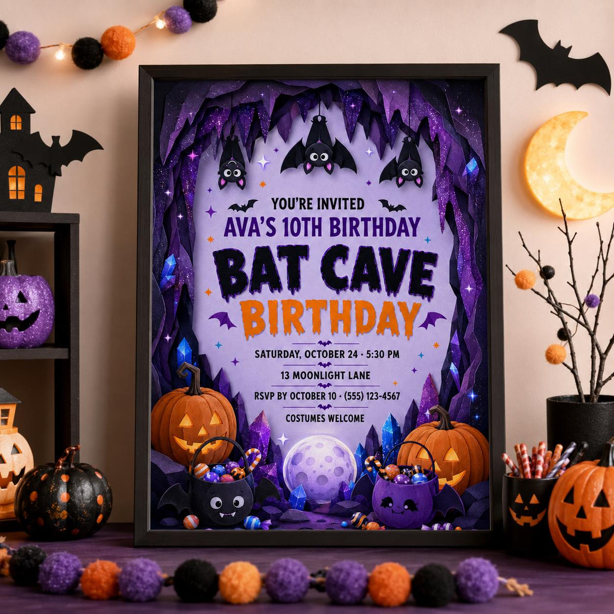 Bat Cave Birthday Invitation, Cute Halloween Bat Party Invite for Kids, Editable Canva Template, Instant Download