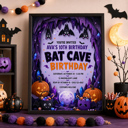 Bat Cave Birthday Invitation, Cute Halloween Bat Party Invite for Kids, Editable Canva Template, Instant Download