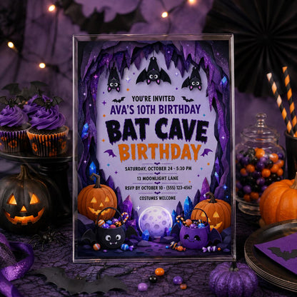 Bat Cave Birthday Invitation, Cute Halloween Bat Party Invite for Kids, Editable Canva Template, Instant Download