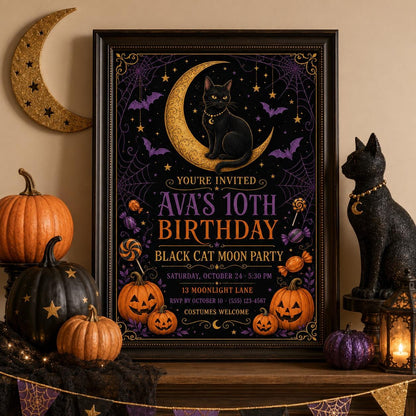 Black Cat Moon Birthday Invitation, Celestial Halloween Party Invite, Witchy Cat Birthday, Editable Canva Template