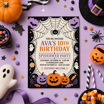 Spiderweb Birthday Invitation, Cute Halloween Party Invite for Kids, Pumpkin and Ghost Editable Canva Template