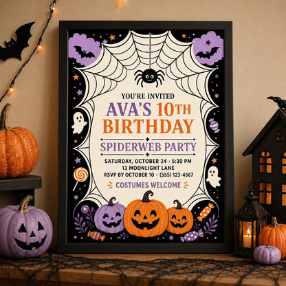 Spiderweb Birthday Invitation, Cute Halloween Party Invite for Kids, Pumpkin and Ghost Editable Canva Template
