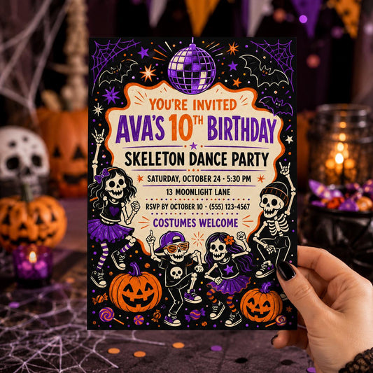 Skeleton Dance Party Birthday Invitation, Kids Halloween Disco Invite, Editable Canva Template, Instant Download