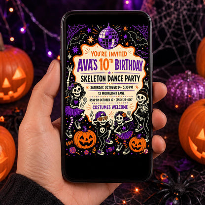 Skeleton Dance Party Birthday Invitation, Kids Halloween Disco Invite, Editable Canva Template, Instant Download