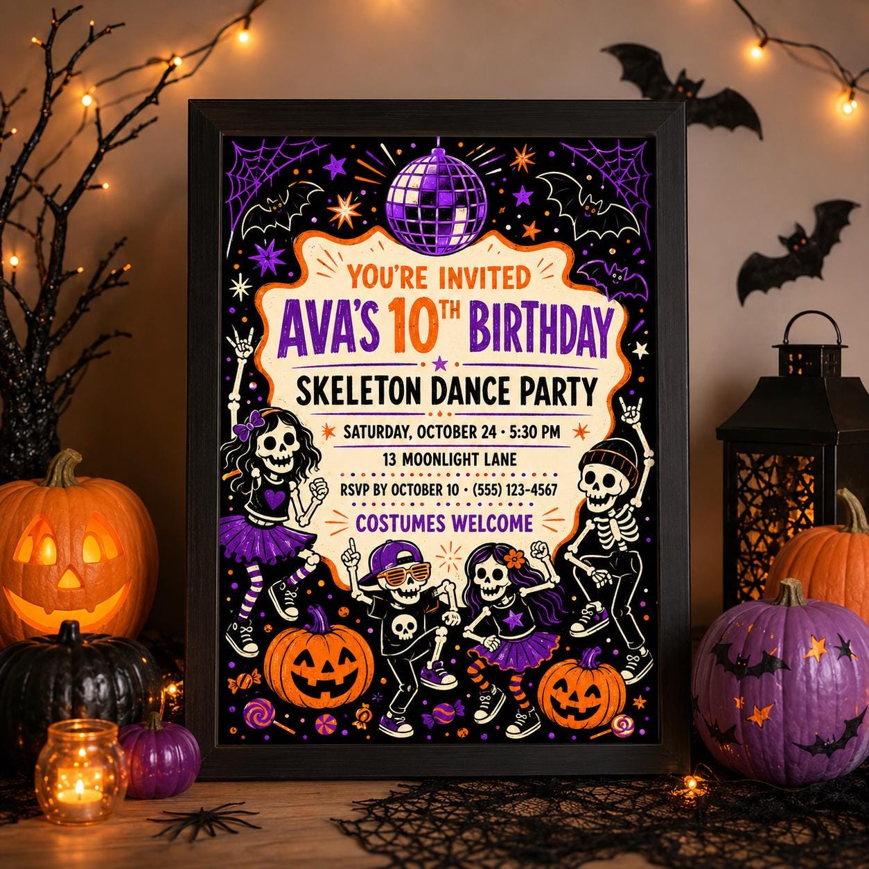 Skeleton Dance Party Birthday Invitation, Kids Halloween Disco Invite, Editable Canva Template, Instant Download
