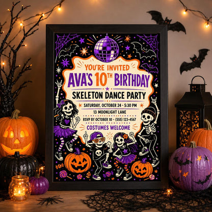Skeleton Dance Party Birthday Invitation, Kids Halloween Disco Invite, Editable Canva Template, Instant Download