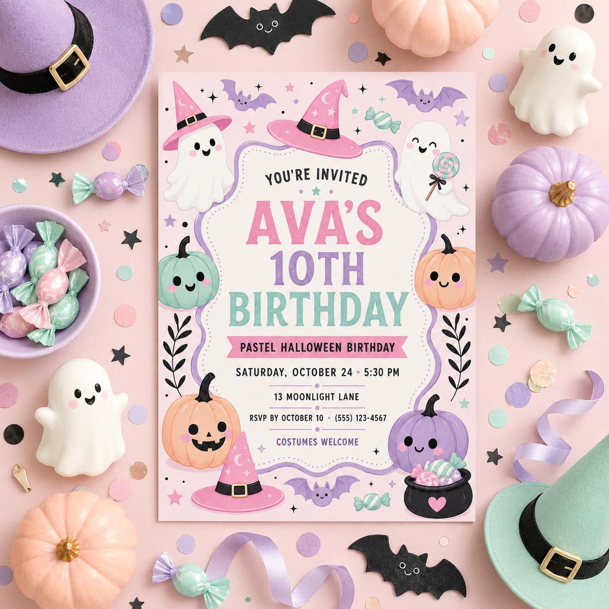 Pastel Halloween Birthday Invitation, Cute Ghost and Pumpkin Party Invite for Girls, Editable Canva Template, Instant Download