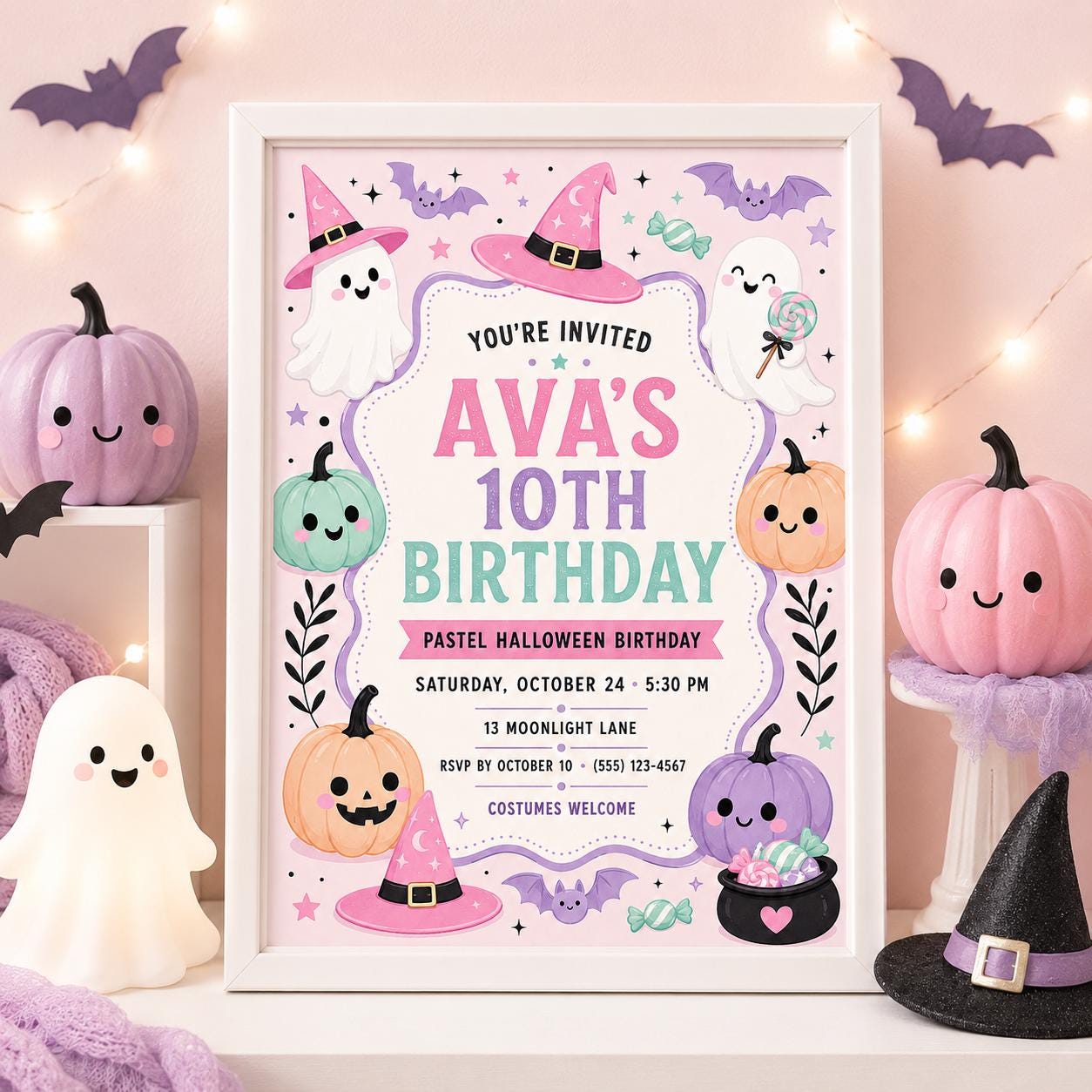 Pastel Halloween Birthday Invitation, Cute Ghost and Pumpkin Party Invite for Girls, Editable Canva Template, Instant Download