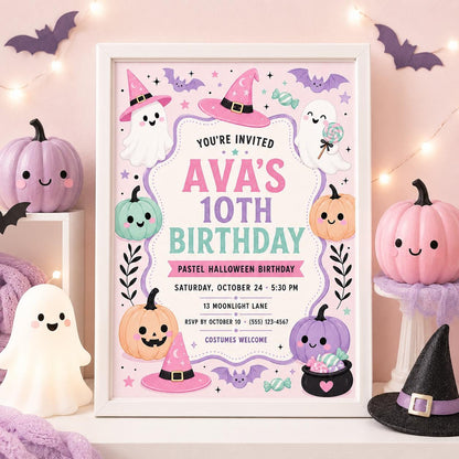 Pastel Halloween Birthday Invitation, Cute Ghost and Pumpkin Party Invite for Girls, Editable Canva Template, Instant Download