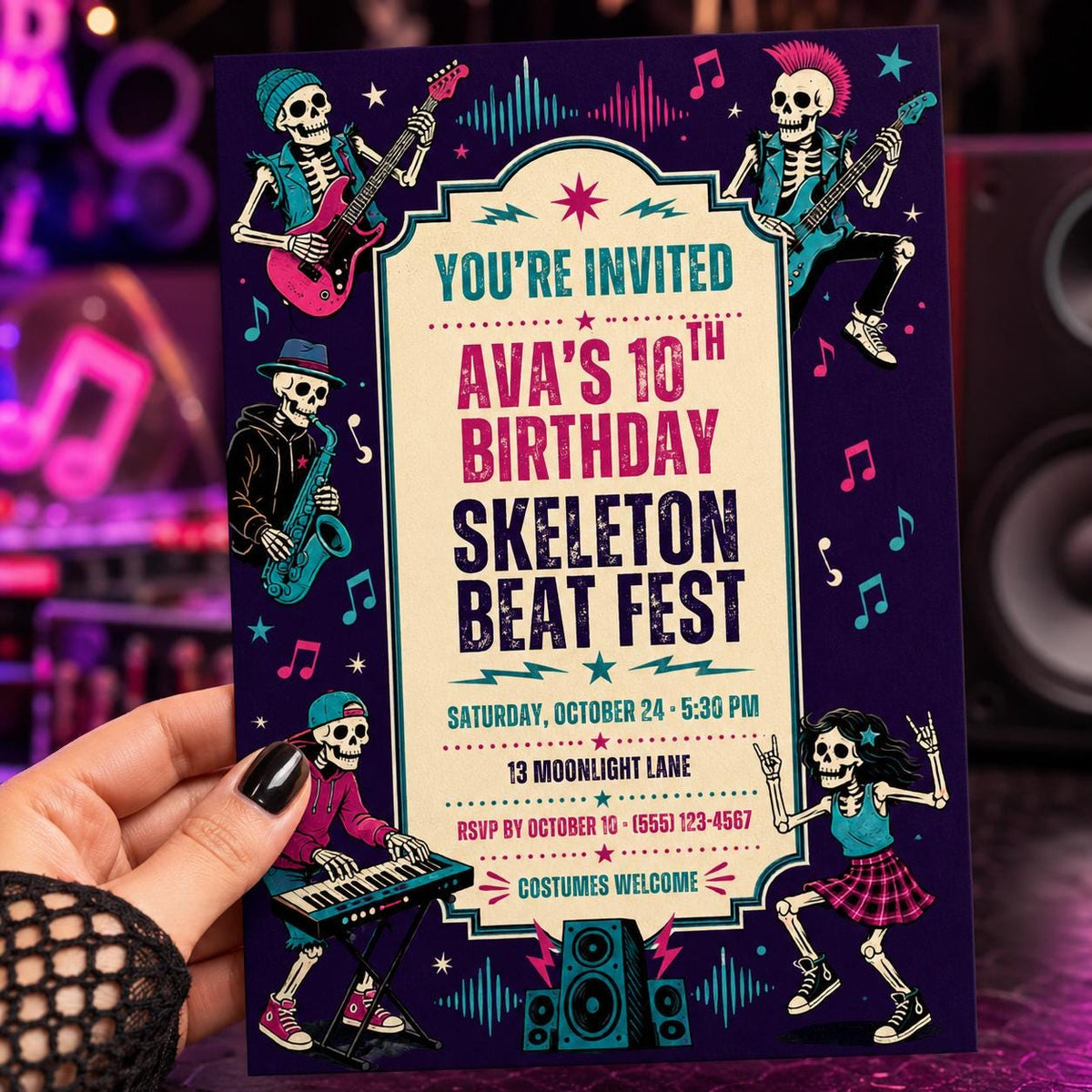 Skeleton Beat Fest Birthday Invitation, Halloween Music Party Invite, Rock Band Birthday, Editable Canva Template, Instant Download