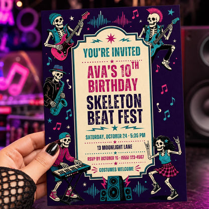 Skeleton Beat Fest Birthday Invitation, Halloween Music Party Invite, Rock Band Birthday, Editable Canva Template, Instant Download