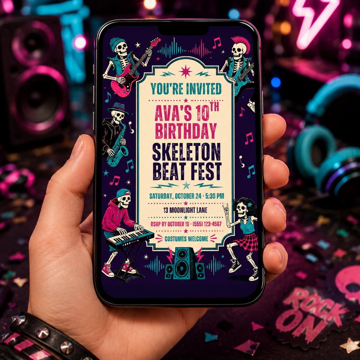 Skeleton Beat Fest Birthday Invitation, Halloween Music Party Invite, Rock Band Birthday, Editable Canva Template, Instant Download