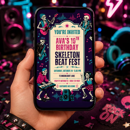 Skeleton Beat Fest Birthday Invitation, Halloween Music Party Invite, Rock Band Birthday, Editable Canva Template, Instant Download