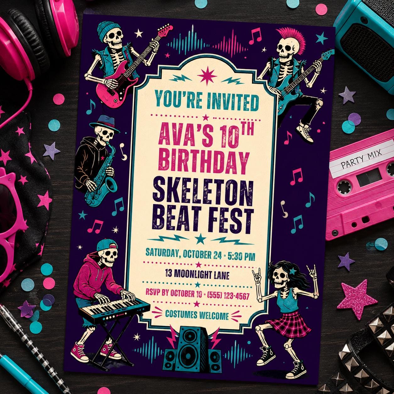 Skeleton Beat Fest Birthday Invitation, Halloween Music Party Invite, Rock Band Birthday, Editable Canva Template, Instant Download
