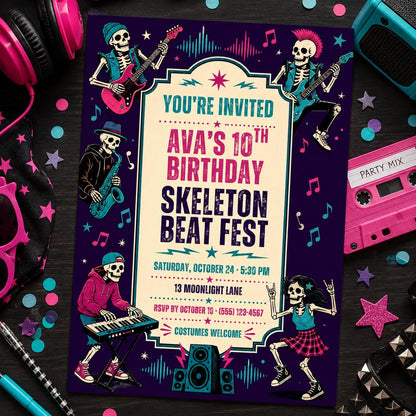 Skeleton Beat Fest Birthday Invitation, Halloween Music Party Invite, Rock Band Birthday, Editable Canva Template, Instant Download