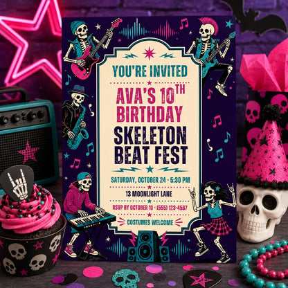 Skeleton Beat Fest Birthday Invitation, Halloween Music Party Invite, Rock Band Birthday, Editable Canva Template, Instant Download