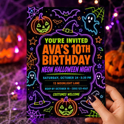Neon Halloween Birthday Invitation, Glow in the Dark Party Invite for Kids, Editable Canva Template, Instant Download