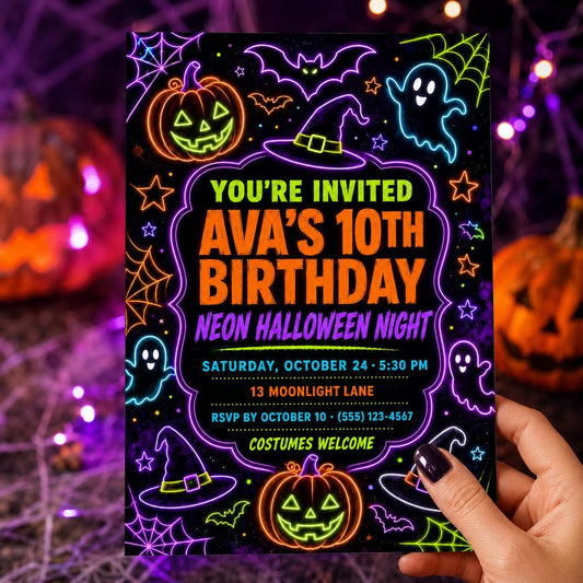 Neon Halloween Birthday Invitation, Glow in the Dark Party Invite for Kids, Editable Canva Template, Instant Download