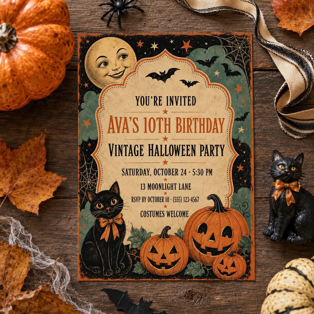 Vintage Halloween Birthday Invitation, Retro Black Cat and Pumpkin Party Invite, Editable Canva Template, Instant Download