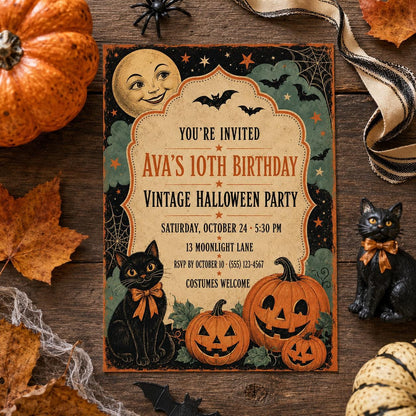 Vintage Halloween Birthday Invitation, Retro Black Cat and Pumpkin Party Invite, Editable Canva Template, Instant Download