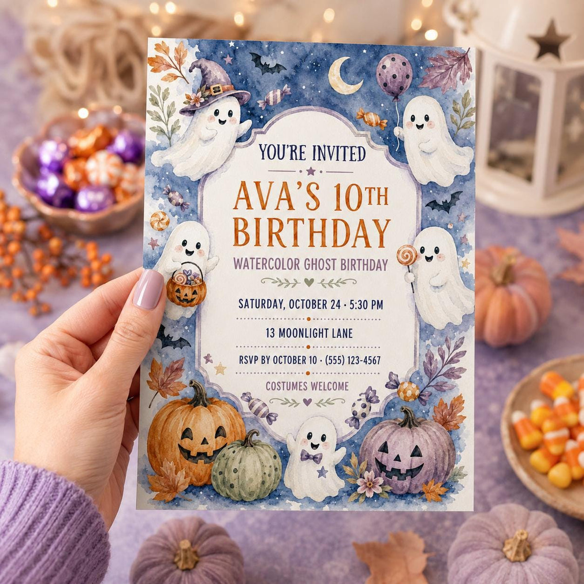 Watercolor Ghost Birthday Invitation, Cute Halloween Party Invite for Kids, Pastel Pumpkin Editable Canva Template