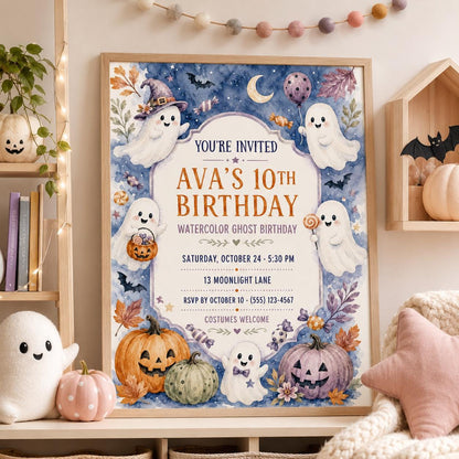 Watercolor Ghost Birthday Invitation, Cute Halloween Party Invite for Kids, Pastel Pumpkin Editable Canva Template