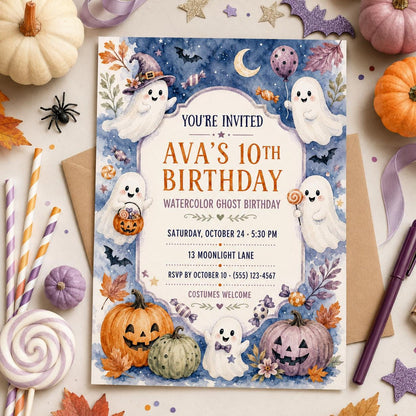 Watercolor Ghost Birthday Invitation, Cute Halloween Party Invite for Kids, Pastel Pumpkin Editable Canva Template