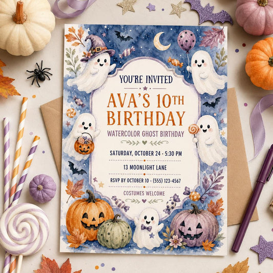 Watercolor Ghost Birthday Invitation, Cute Halloween Party Invite for Kids, Pastel Pumpkin Editable Canva Template