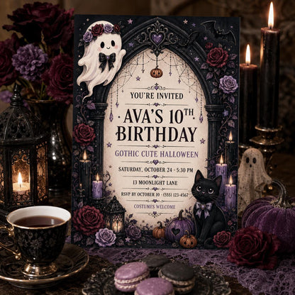 Gothic Cute Halloween Birthday Invitation, Black Cat Ghost Party Invite, Editable Canva Template, Instant Download