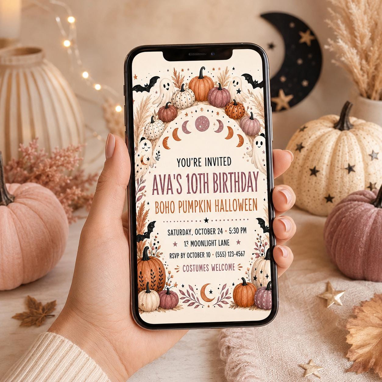 Boho Pumpkin Halloween Birthday Invitation, Neutral Ghost Party Invite, Autumn Celestial Editable Canva Template
