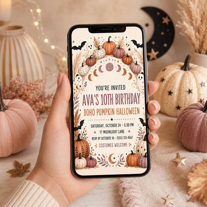 Boho Pumpkin Halloween Birthday Invitation, Neutral Ghost Party Invite, Autumn Celestial Editable Canva Template