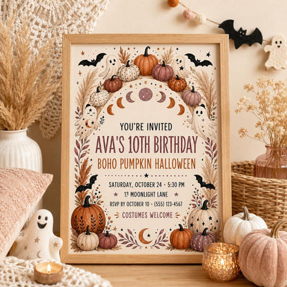 Boho Pumpkin Halloween Birthday Invitation, Neutral Ghost Party Invite, Autumn Celestial Editable Canva Template