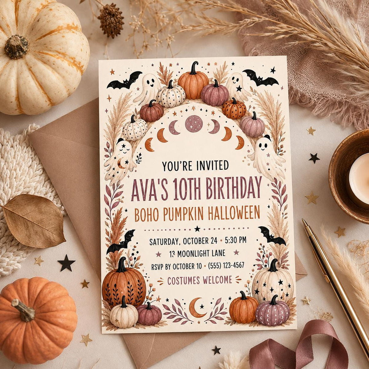 Boho Pumpkin Halloween Birthday Invitation, Neutral Ghost Party Invite, Autumn Celestial Editable Canva Template