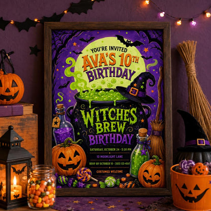 Witches Brew Birthday Invitation, Halloween Potion Party Invite for Kids, Editable Canva Template, Instant Download