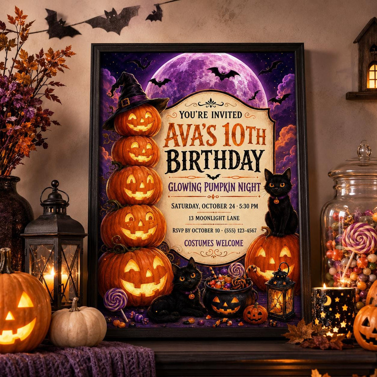 Glowing Pumpkin Night Birthday Invitation, Black Cat Halloween Party Invite, Editable Canva Template, Instant Download