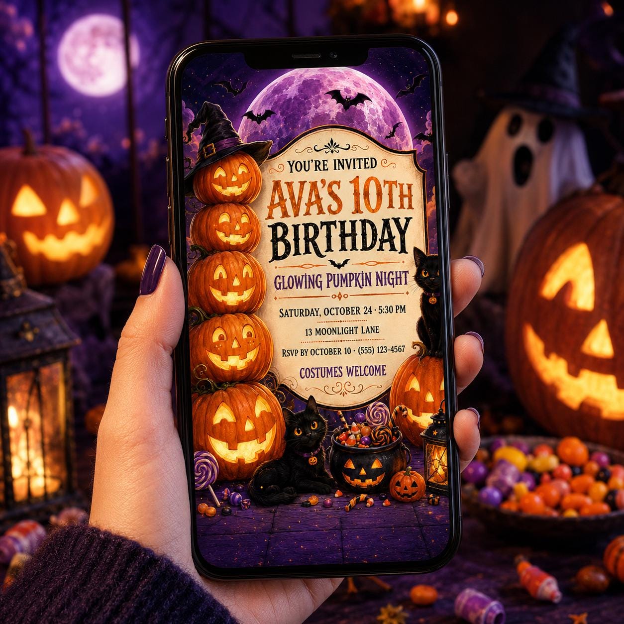 Glowing Pumpkin Night Birthday Invitation, Black Cat Halloween Party Invite, Editable Canva Template, Instant Download