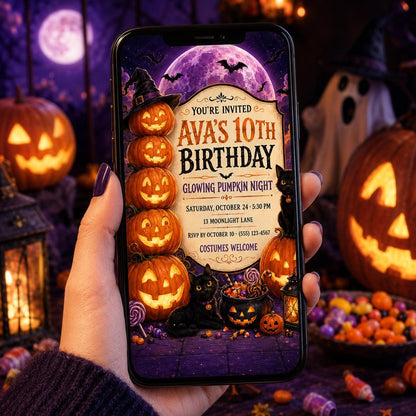 Glowing Pumpkin Night Birthday Invitation, Black Cat Halloween Party Invite, Editable Canva Template, Instant Download