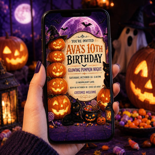 Glowing Pumpkin Night Birthday Invitation, Black Cat Halloween Party Invite, Editable Canva Template, Instant Download