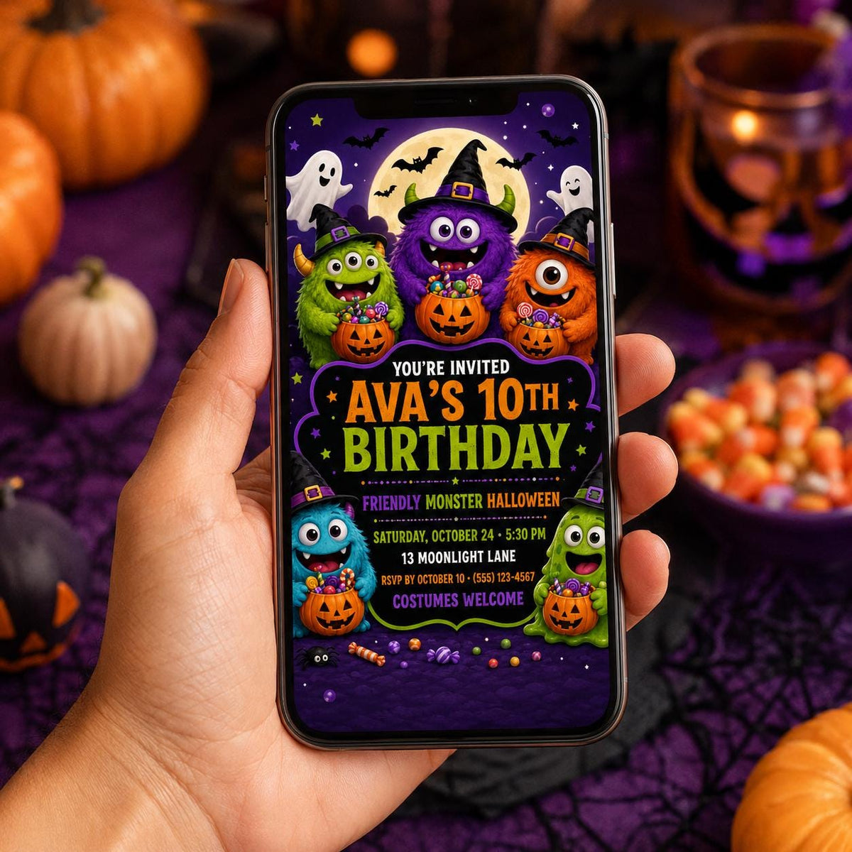 Friendly Monster Halloween Birthday Invitation, Cute Trick or Treat Party Invite for Kids, Editable Canva Template, Instant Download