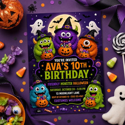 Friendly Monster Halloween Birthday Invitation, Cute Trick or Treat Party Invite for Kids, Editable Canva Template, Instant Download